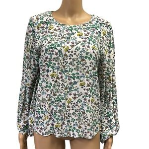 Loft Multicolored Floral Draped Long Sleeve Keyhole Back Blouse Womens Small